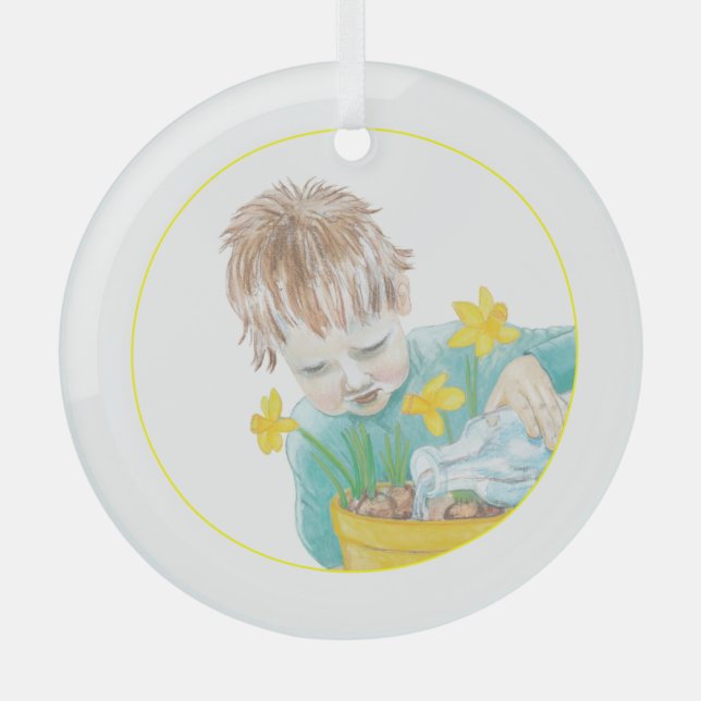 Boy With Daffodils   Glass Tree Decoration (Front)