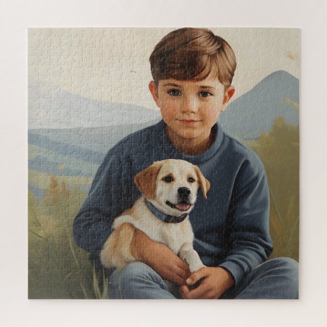 Boy with dog art jigsaw puzzle (Vertical)