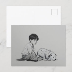 Boy with dog art postcard