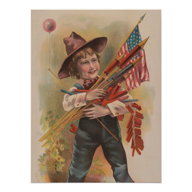 Boy with Fireworks, American Flag, Patriotic Print (Front)
