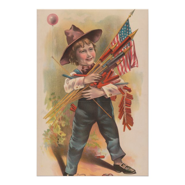 Boy with Fireworks, American Flag, Patriotic Print (Front)