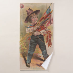 Boy with Fireworks, American Flag, Patriotic Print Bath Towel Set