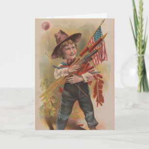 Boy with Fireworks, American Flag, Patriotic Print Card