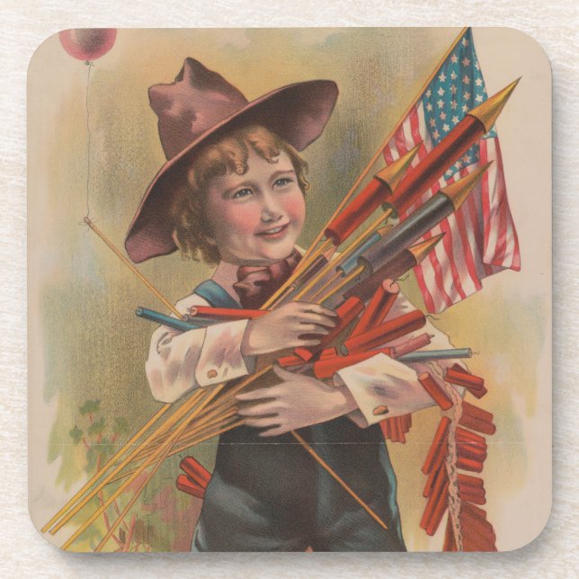 Boy with Fireworks, American Flag, Patriotic Print Coaster (Front)