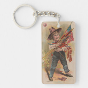 Boy with Fireworks, American Flag, Patriotic Print Key Ring