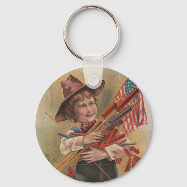 Boy with Fireworks, American Flag, Patriotic Print Key Ring (Front)