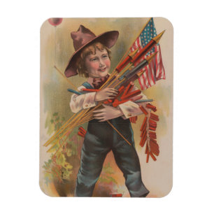 Boy with Fireworks, American Flag, Patriotic Print Magnet