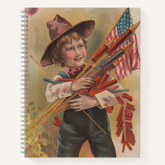 Boy with Fireworks, American Flag, Patriotic Print Notebook (Front)