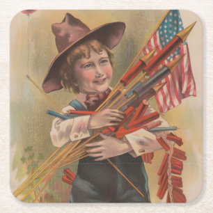 Boy with Fireworks, American Flag, Patriotic Print Square Paper Coaster