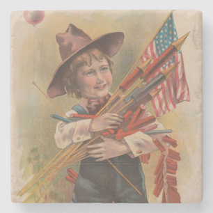 Boy with Fireworks, American Flag, Patriotic Print Stone Coaster