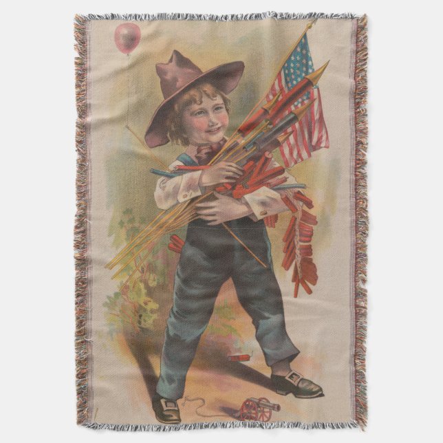 Boy with Fireworks, American Flag, Patriotic Print Throw Blanket (Front Vertical)