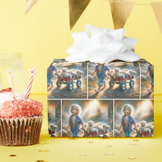 Boy With Golden Retriever Puppies In Wagon Wrapping Paper (Birthday Party)