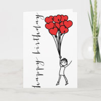 Boy with Heart Balloons Doodle Happy Birthday Card