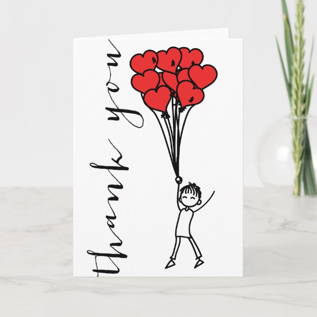 Boy with Heart Balloons Doodles Thank You Card (Front)