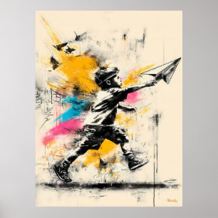 Boy with Paper Plane – Street Art Graffiti Poster