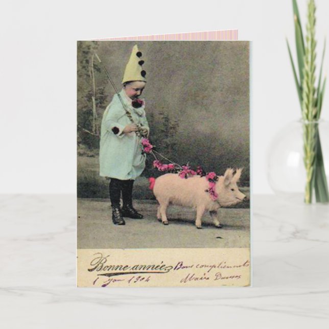Boy With Pig Fashion Plate Card (Front)