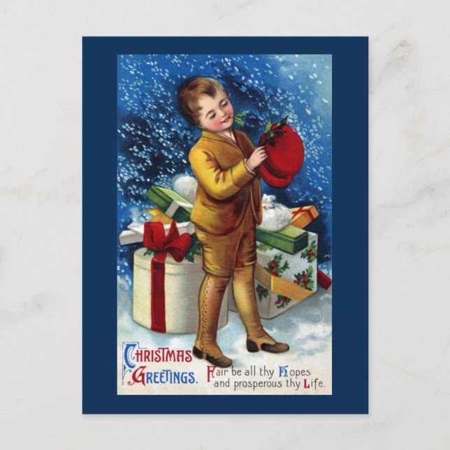 Boy with Pile of Presents in the Snow Postcard (Front)