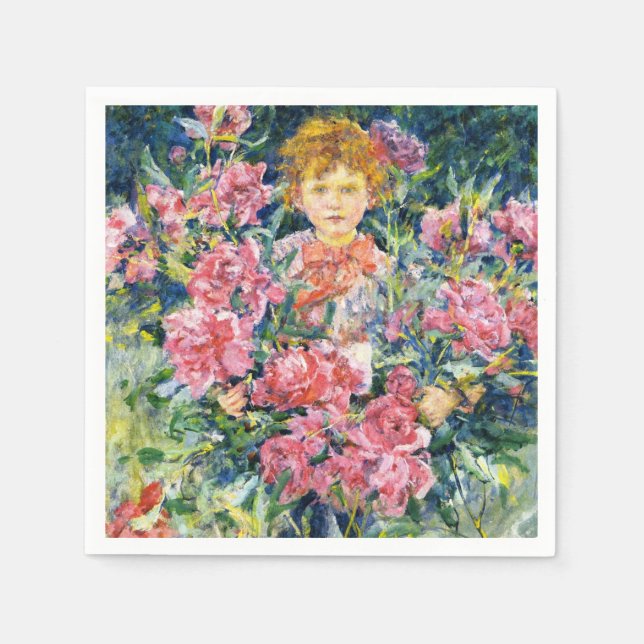 Boy With Red Peony Flowers (by Robert Reid) Napkin (Front)