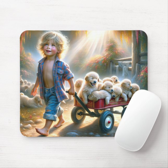 Boy With Red Wagon And Golden Retriever Puppies Mouse Mat (With Mouse)