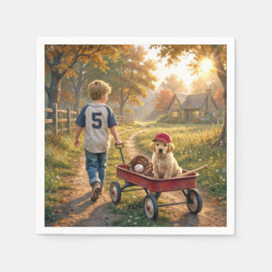 Boy with Red Wagon and Golden Retriever Puppy Napkin