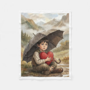 Boy with Umbrella and Red Heart Cosy Fleece Blanke Blanket