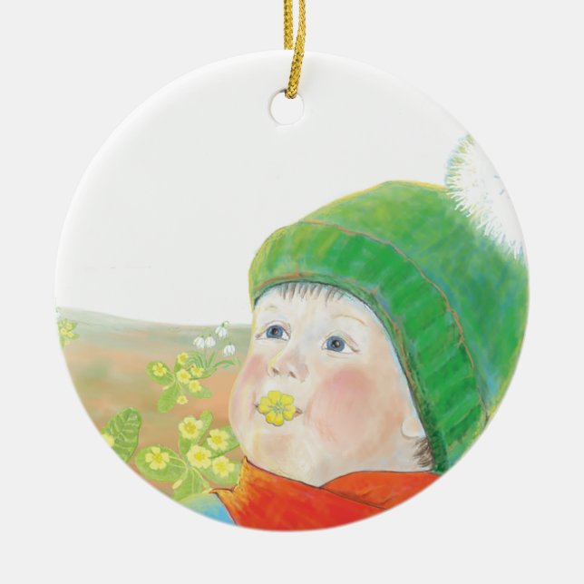 Boy with  Wild Primroses  Ceramic Tree Decoration (Front)