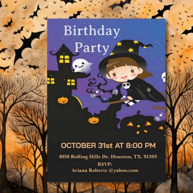 Boy Wizard On Broom Halloween Birthday Party Invitation (Creator Uploaded)