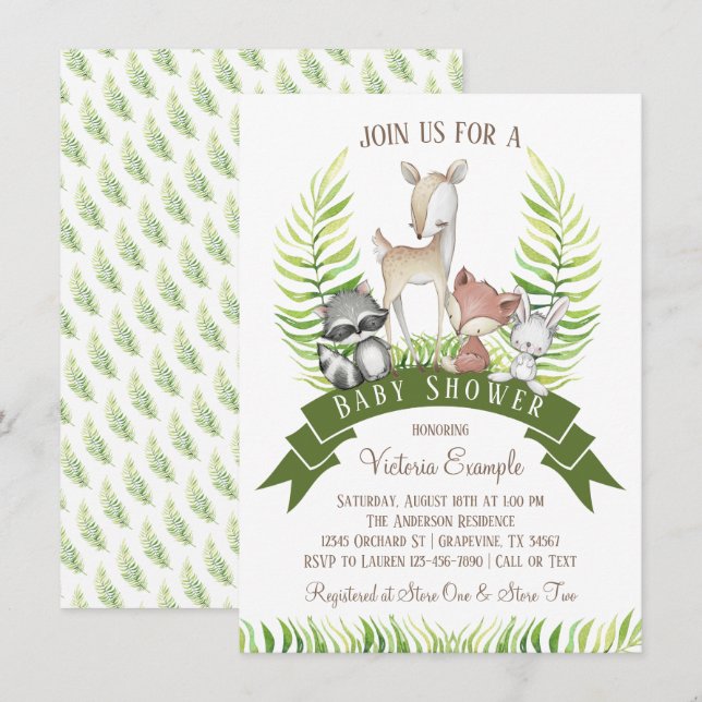 Boy Woodland Animal Greenery Baby Shower Invitation (Front/Back)