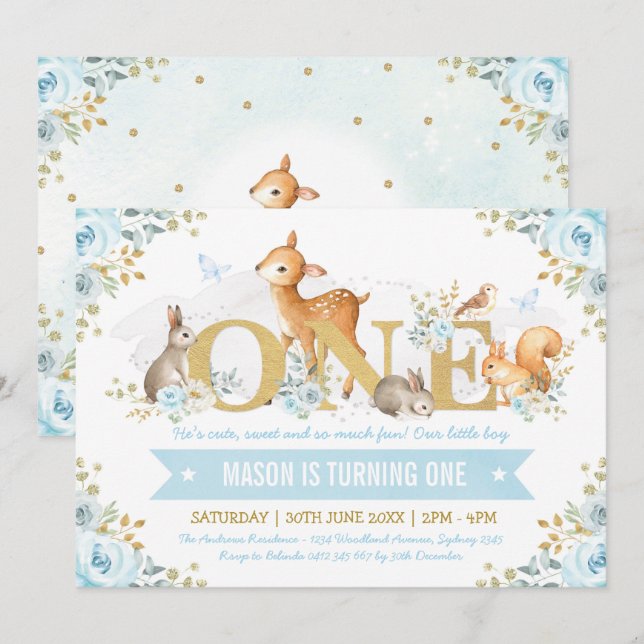 Boy Woodland Animals Blue Gold Floral 1st Birthday Invitation (Front/Back)