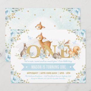 Boy Woodland Animals Blue Gold Floral 1st Birthday Invitation