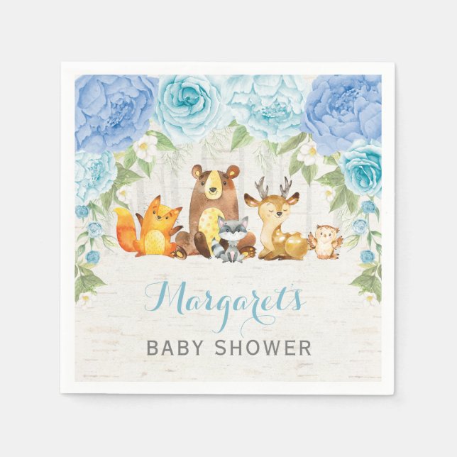 Boy Woodland Animals Dusty Blue Floral Baby Shower Napkin (Front)