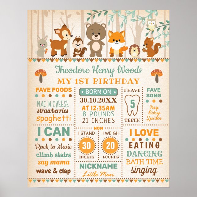 Boy Woodland Birth Stats 1st Birthday Milestone Poster (Front)