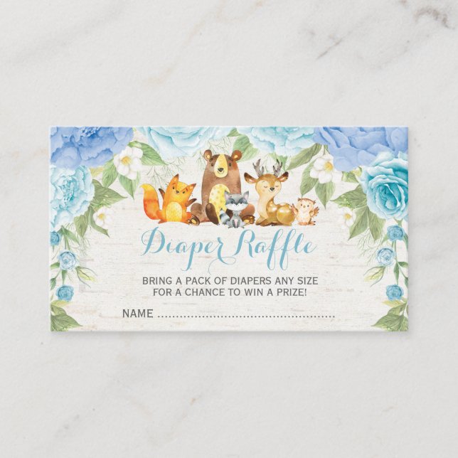 Boy Woodland Blue Floral Baby Diaper Raffle Ticket Enclosure Card (Front)