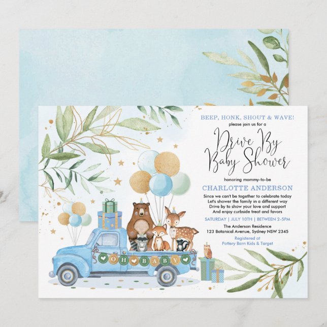 Boy Woodland Forest Drive By Baby Shower Parade Invitation (Front/Back)