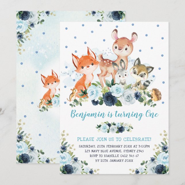 Boy Woodland Forest Navy Blue Floral 1st Birthday Invitation (Front/Back)