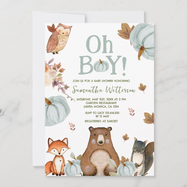 Boy Woodland Pumpkin Animals Baby Shower  Invitation (Front)