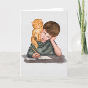 Boy writing, cat on shoulder, handmade/ Classic Holiday Card