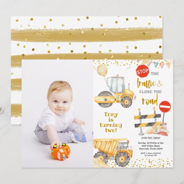 Boy Yellow Construction Trucks Birthday with Photo Invitation (Front/Back)