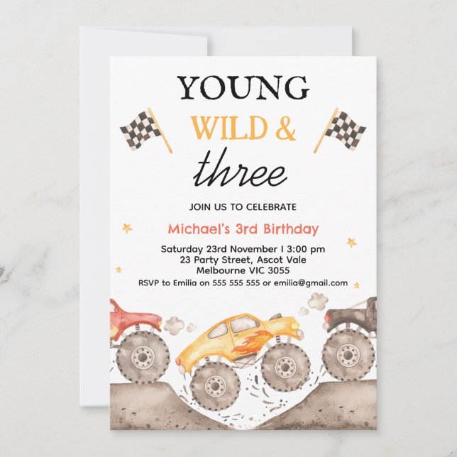 Boy Yellow Monster Truck Young Wild Three Birthday Invitation (Front)