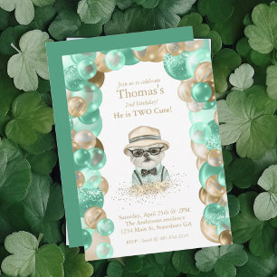 Boy Yorkie Two Cute Mint Gold Balloon Birthday Invitation