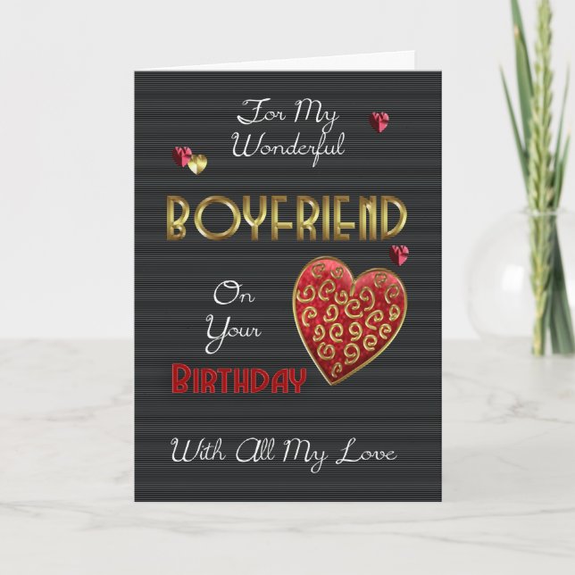 Boyfriend, Birthday With Gold Effect And Hearts Card (Front)