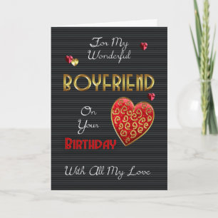 Boyfriend, Birthday With Gold Effect And Hearts Card