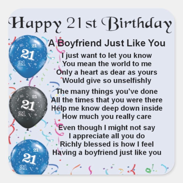 Boyfriend Poem - 21st Birthday Square Sticker (Front)