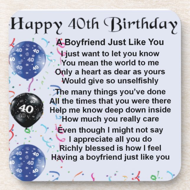 Boyfriend poem - 40th Birthday Coaster (Front)