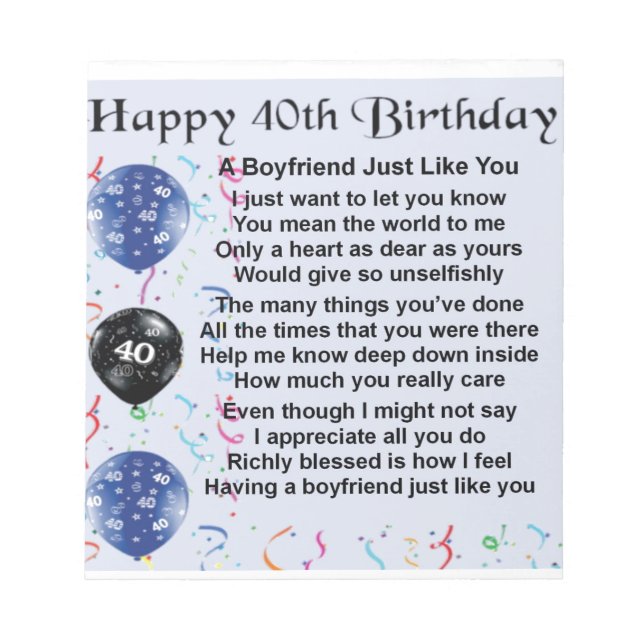 Boyfriend poem - 40th Birthday Notepad (Front)