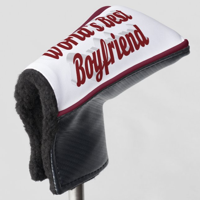 Boyfriend with burgundy script golf head cover (3/4 Front)