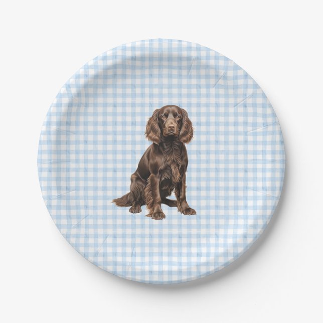 Boykin Party Plate, Dog Party, Blue Gingham  Paper Plate (Front)