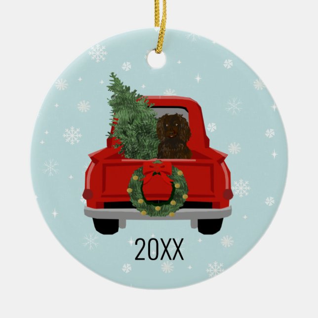 Boykin Spaniel Christmas Red Truck Ceramic Tree Decoration (Front)