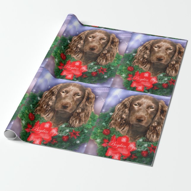 Boykin Spaniel Christmas Wreath Wrapping Paper (Unrolled)