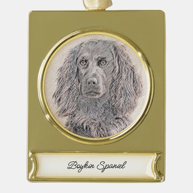 Boykin Spaniel Painting - Cute Original Dog Art Gold Plated Banner Ornament (Front)